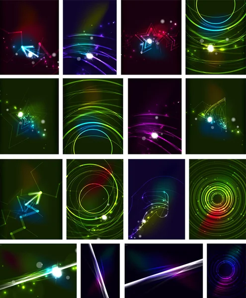 Glowing lines in the dark space, set of abstract backgrounds — Stock Vector