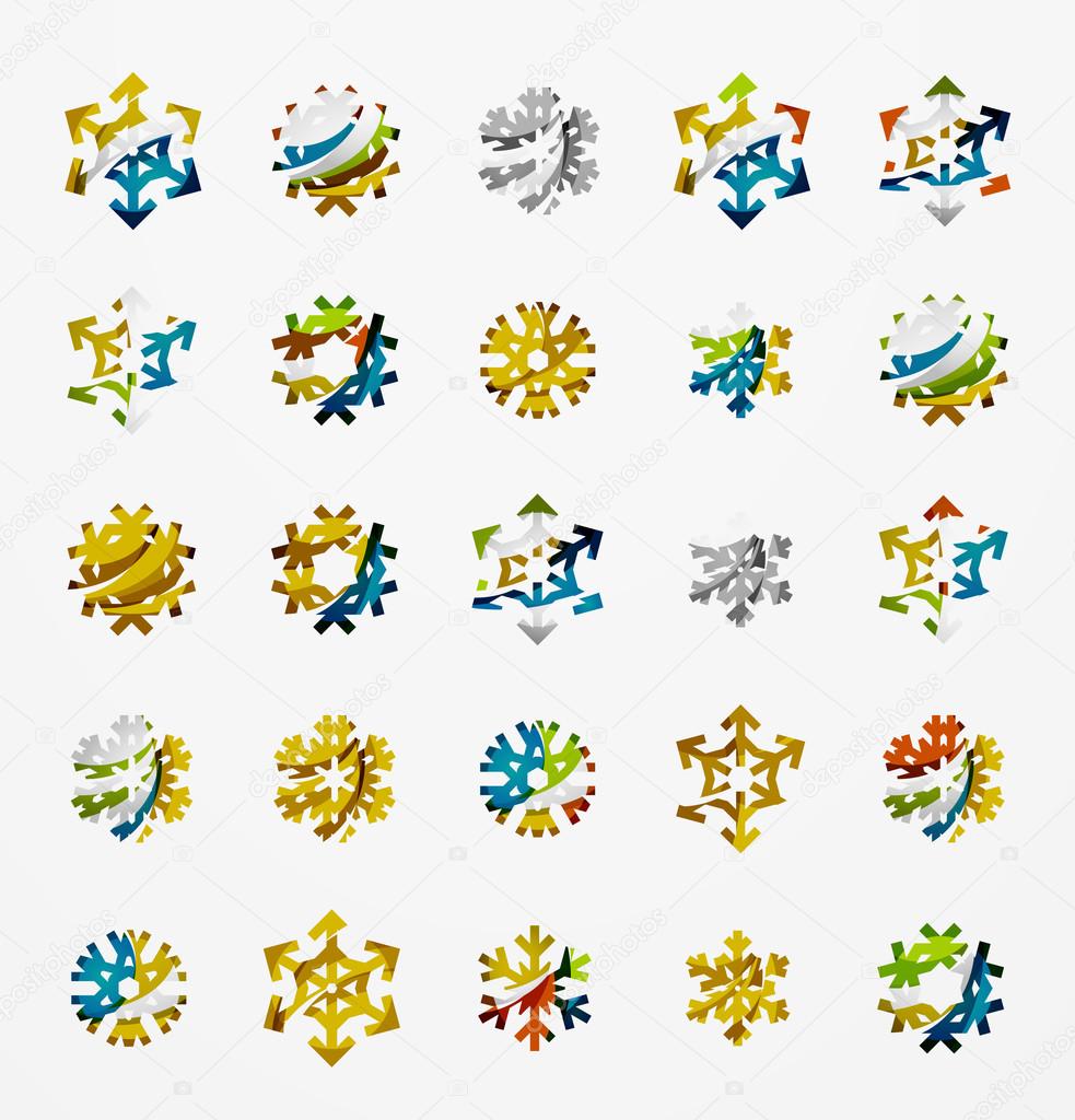 Set of abstract colorful snowflake logo icons, winter concepts, clean modern geometric design. Created with transparent abstract lines