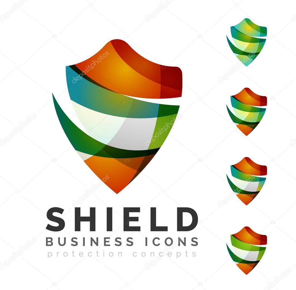 Set of protection shield logo concepts. Color flowing wave design icons on white