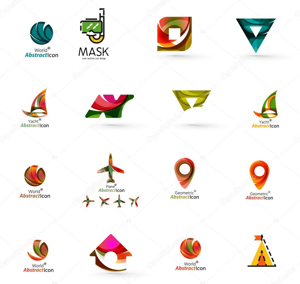 Set of abstract travel logo icons. Business, app or internet web symbols. Thin lines and colors with white