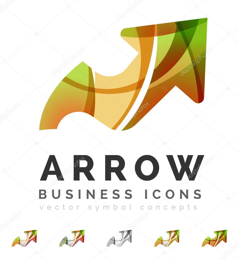 Set of arrow logo business icons. Created with overlapping colorful abstract waves and swirl shapes
