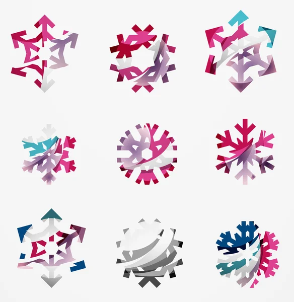 Set van abstracte kleurrijke sneeuwvlok logo iconen, winter concepten, schoon moderne geometrisch ontwerp — Stockvector