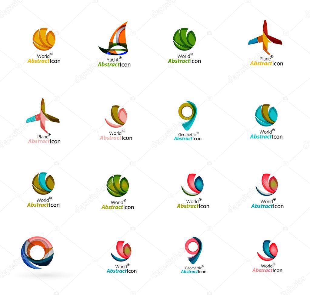 Set of abstract travel logo icons. Business, app or internet web symbols. Thin lines and colors with white