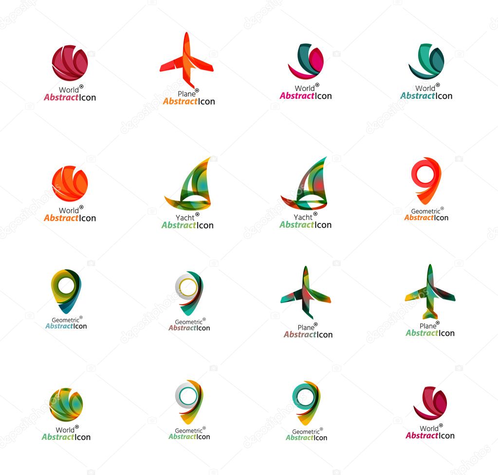 Set of abstract travel logo icons. Business, app or internet web symbols. Thin lines and colors with white