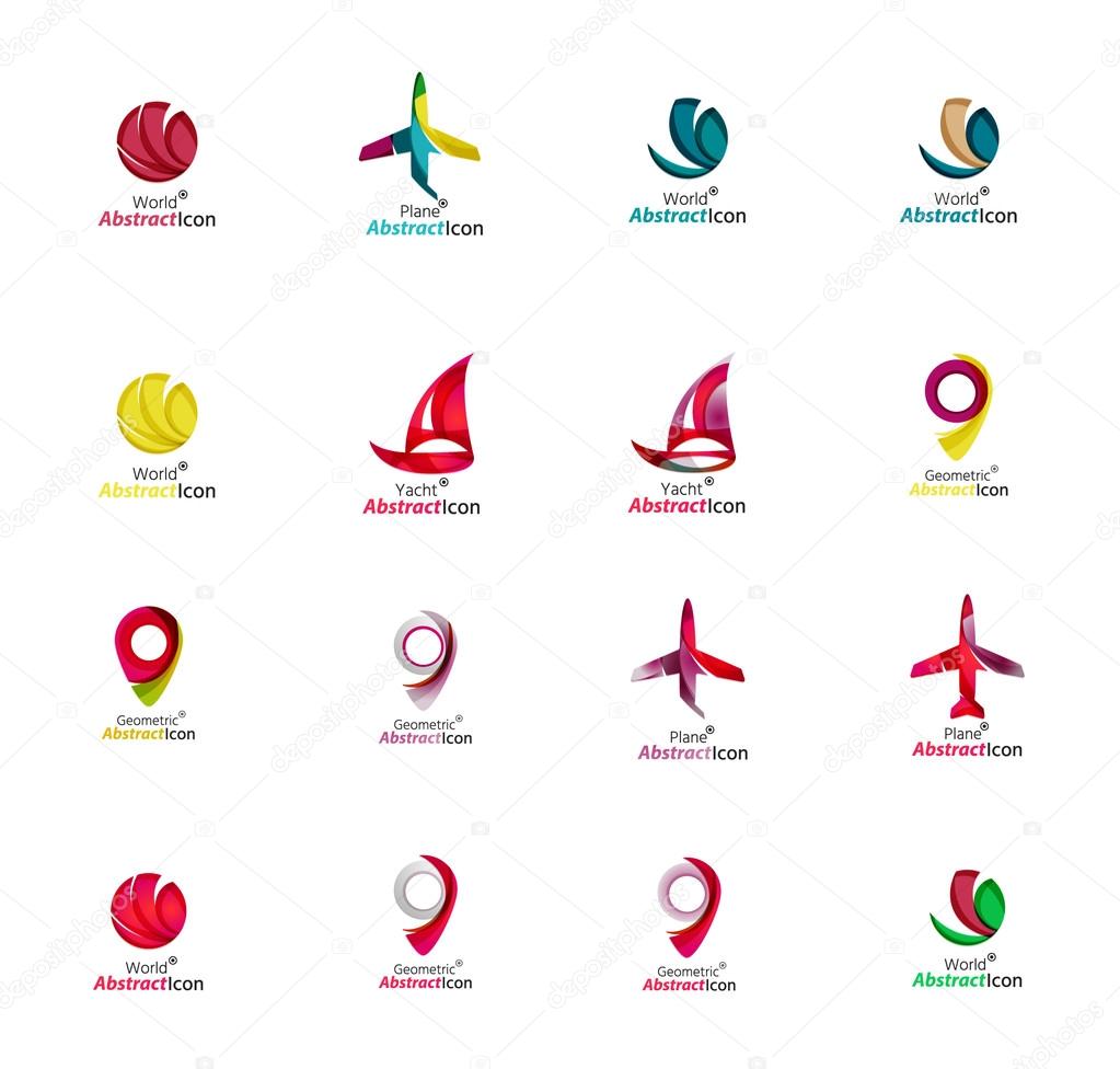 Set of abstract travel logo icons. Business, app or internet web symbols. Thin lines and colors with white