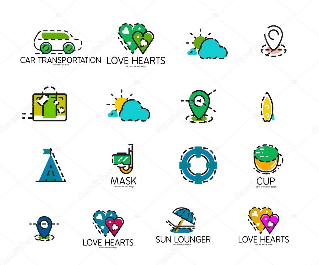 Set of abstract travel logo icons. Business, app or internet web symbols. Thin lines and colors with white