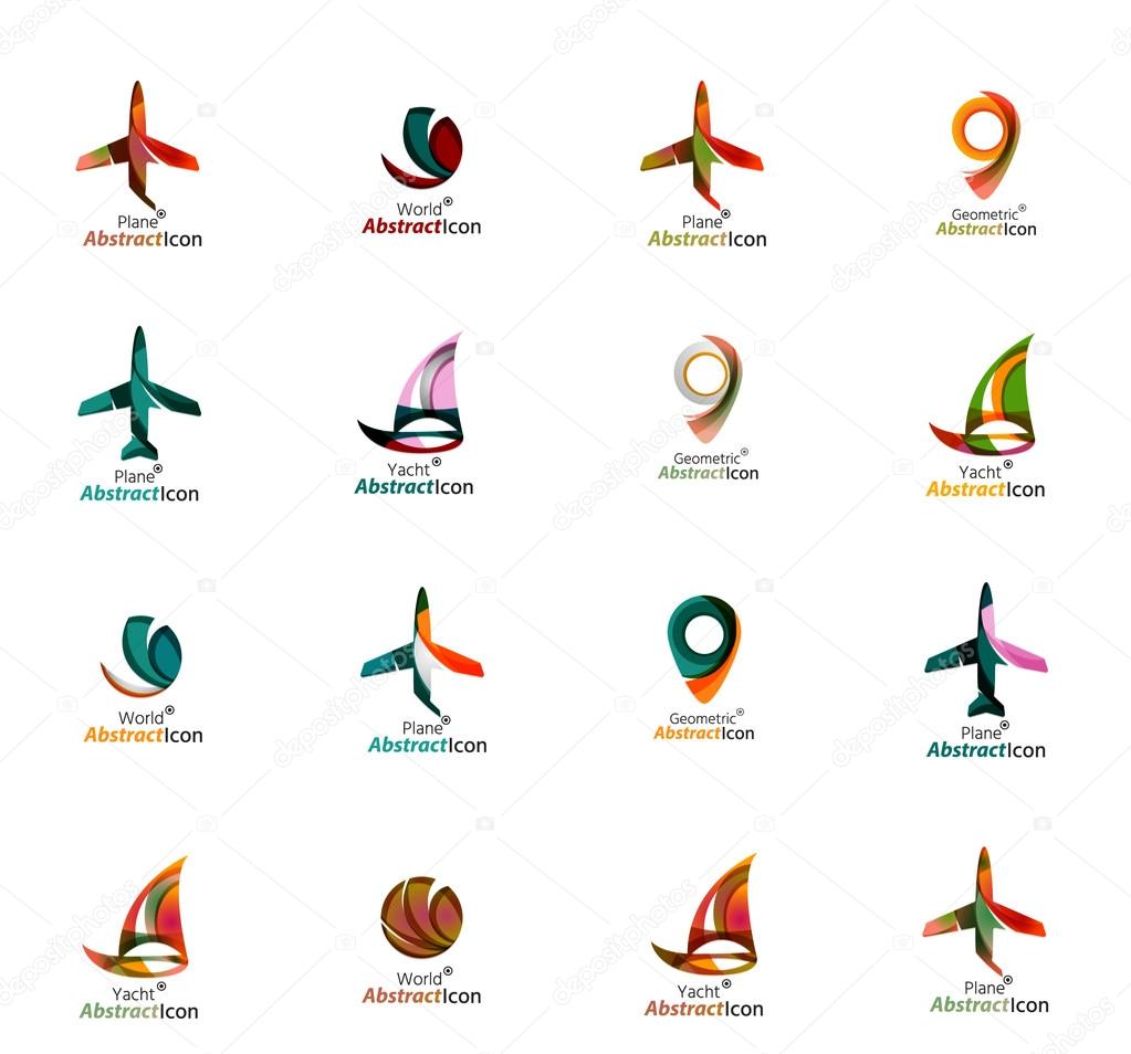 Set of abstract travel logo icons. Business, app or internet web symbols. Thin lines and colors with white