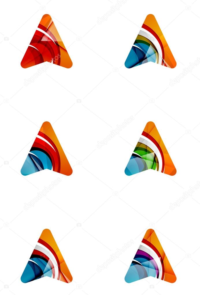 Set of abstract directional arrow icons, business logotype gps concepts, clean modern geometric design. Created with transparent abstract wave lines