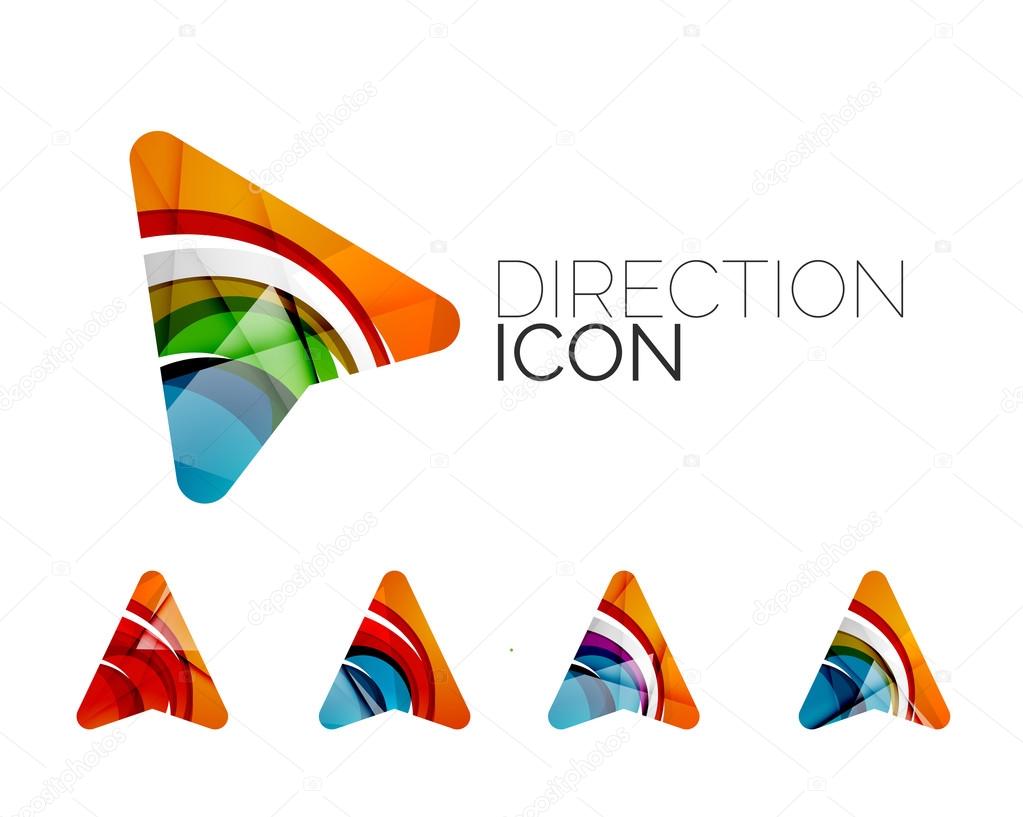 Set of abstract directional arrow icons, business logotype gps concepts, clean modern geometric design. Created with transparent abstract wave lines