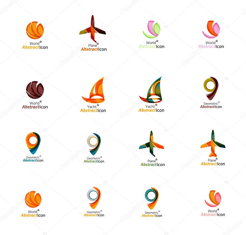 Set of abstract travel logo icons. Business, app or internet web symbols. Thin lines and colors with white