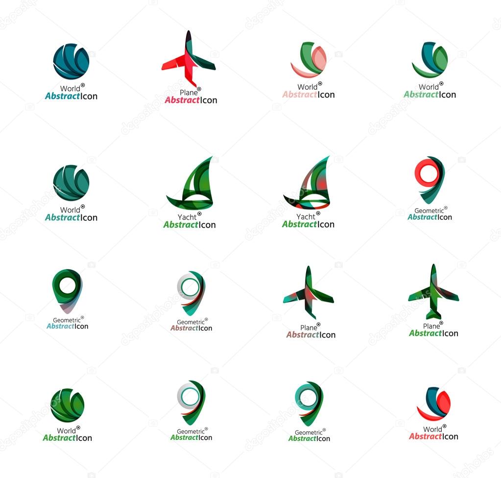 Set of abstract travel logo icons. Business, app or internet web symbols. Thin lines and colors with white