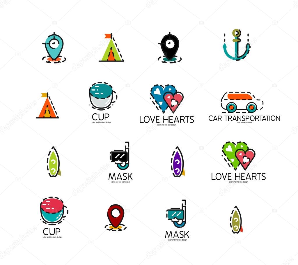 Set of abstract travel logo icons. Business, app or internet web symbols. Thin lines and colors with white