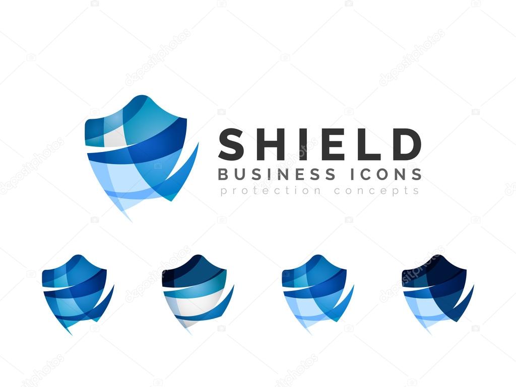 Set of protection shield logo concepts. Color flowing wave design icons on white