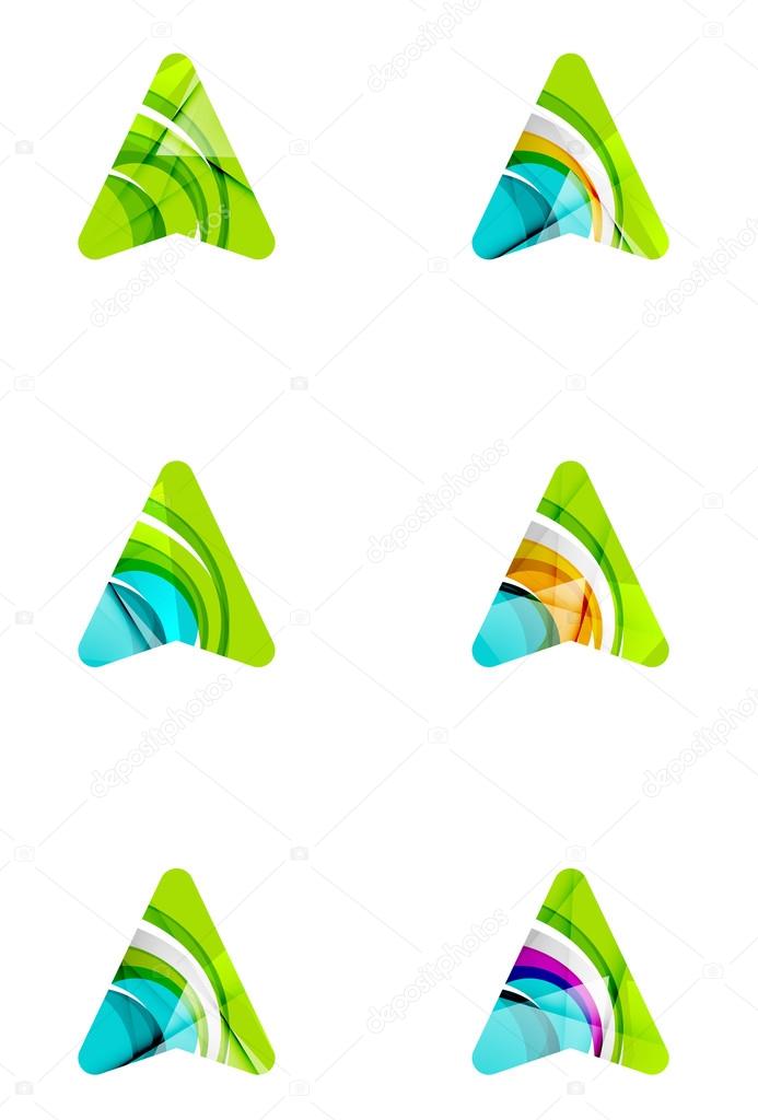 Set of abstract directional arrow icons, business logotype gps concepts, clean modern geometric design. Created with transparent abstract wave lines