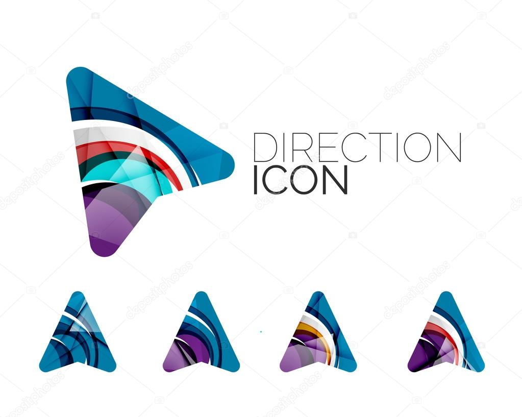 Set of abstract directional arrow icons, business logotype gps concepts, clean modern geometric design. Created with transparent abstract wave lines