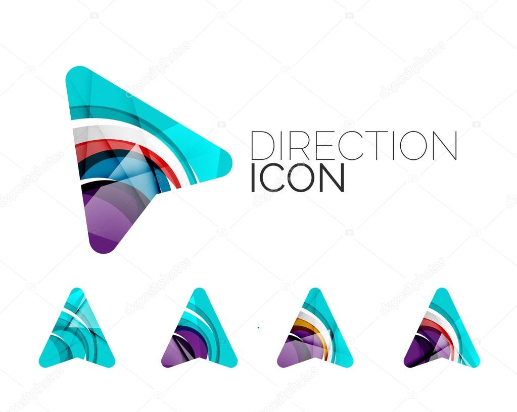 Set of abstract directional arrow icons, business logotype gps concepts, clean modern geometric design. Created with transparent abstract wave lines