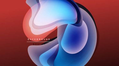 Soyut sıvı şekilleri örtüşür ve canlı renk değişimleri yaratır. Kırmızı, mavi, beyaz renkler koyu arkaplanda harmanlanır. Modern tasarım ögesi.