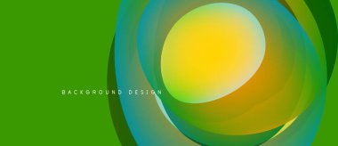 Parlak yeşil arka plan katmanlı dairesel şekiller. Sarı merkez maviye karışıp, dinamik görsel efekt yaratır. Modern tasarım ögesi.