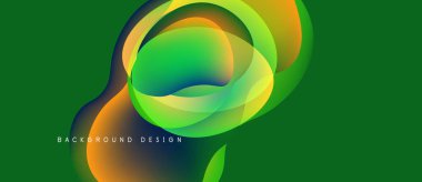 Soyut sıvı şekilleri örtüşür, canlı renkler harmanlanır. Yeşil arkaplan karşıtlık sağlar, dinamik bileşim görsel ilgi yaratır.