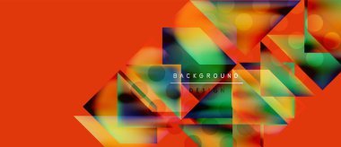Abstract geometric shapes overlap vibrant colors. Orange dominates background, creating dynamic visual effect. Modern design elements present.