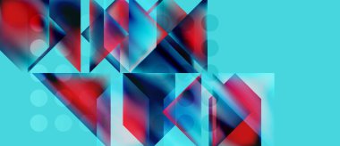 Abstract geometric composition. Red, blue hues dominate. Overlapping shapes create depth, light effects present. Minimalist design.