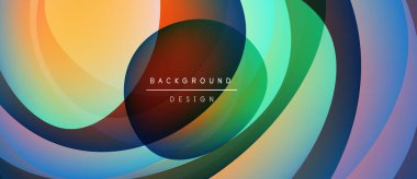 Soyut renkli katmanlar dinamik dairesel desen oluşturur. Metin, kompozisyon içerisindeki arkaplan tasarımını okur. Modern görsel element.