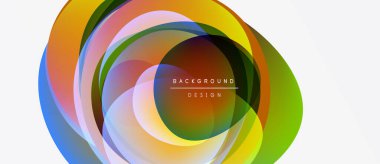 Soyut renkli katmanlar dinamik dairesel tasarım yaratır. Parlak renkler harmanlanarak modern arkaplan ögesini oluşturur. Minimalist metin mevcut.