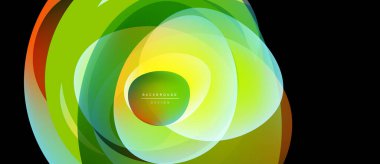 Abstract vibrant design. Overlapping circles create flowing, dynamic composition. Green, yellow, orange hues dominate visual space. Modern aesthetic.