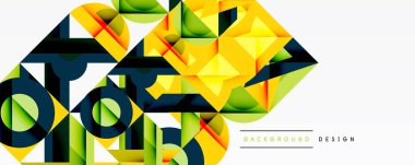 Abstract geometric shapes overlap, creating dynamic colorful composition. Yellow, green, blue tones dominate design. Modern style.