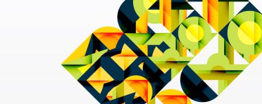 Abstract geometric composition. Overlapping shapes create dynamic visual texture. Bright colors dominate, offering modern aesthetic.