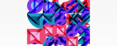 Abstract geometric shapes, vibrant purple, blue, pink hues. Complex composition, layered forms create dynamic visual texture.