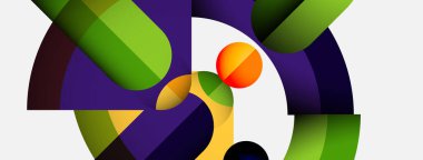 Abstract composition features overlapping curved shapes. Colors include purple, green, orange, yellow, black, white. Modern design, dynamic arrangement.