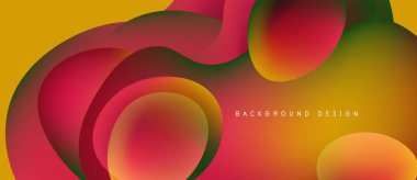 Abstract fluid shapes overlap, creating vibrant gradients. Yellow background complements red, green hues. Modern design element.