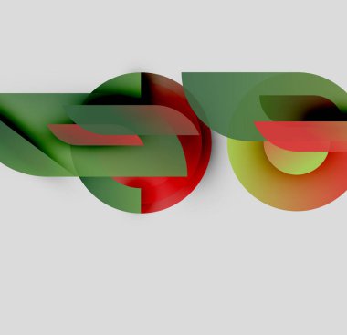 Abstract shapes overlap, creating vibrant color blends. Green, red, yellow hues dominate neutral background. Modern design elements present.