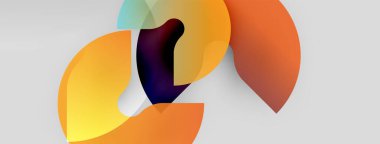 Abstract shapes overlap, creating vibrant color blends. Warm tones dominate, with hints of cool shades. Modern design, simple composition.