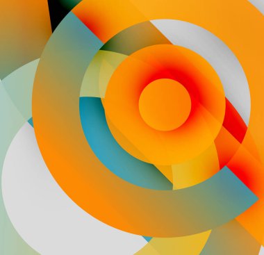 Abstract composition. Overlapping circles, vibrant colors, modern design. Orange, teal, white gradients create dynamic visual effect.