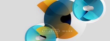 Abstract geometric shapes overlap, creating modern design. Blue, orange hues dominate light gray background. Minimalist aesthetic.
