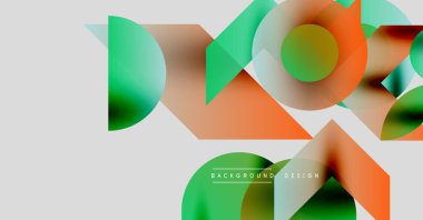 Abstract geometric shapes overlap. Green, orange, white hues create modern design. Minimalist composition, clean lines present.