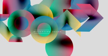 Abstract colorful shapes overlap. Circles, triangles, squares create dynamic composition. Modern design elements present vibrant visual experience.