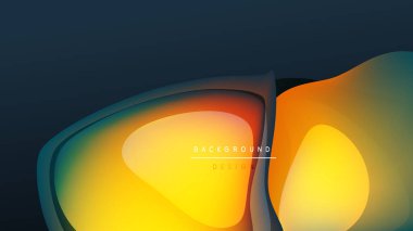 Soyut şekiller örtüşüyor, parlak sarı, turuncu, mavi renkler oluşturuyor. Koyu arkaplan akış biçimlerini, modern tasarım unsurlarını vurgular.