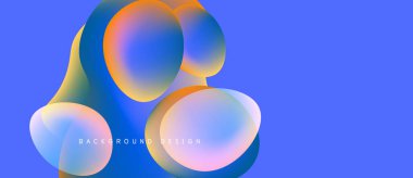 Soyut sıvı şekilleri örtüşür ve canlı renk değişimleri yaratır. Mavi arka planda baskın, turuncu aksanlar mevcut. Modern tasarım ögesi.