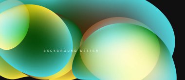 Soyut renkli şekiller örtüşüyor, dinamik eğimler yaratıyor. Sarı, yeşil, mavi renkler arasındaki pürüzsüz geçişler tasarımda baskın. Modern estetik.