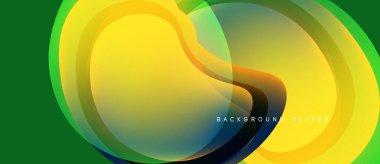 Soyut akışkan şekiller, canlı renkler, yeşil arkaplan. Katmanlı elementlerle modern tasarım, pürüzsüz eğimler, dinamik bileşim.