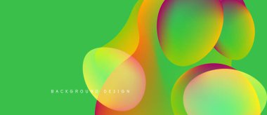 Soyut, enerjik şekiller yeşil arka planla örtüşüyor. Modern tasarım rengarenk eğilimler, pürüzsüz geçişler içerir. Minimalist estetik, dinamik kompozisyon.