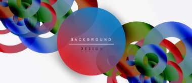 Soyut daireler örtüşüyor, canlı renk eğimleri yaratıyor. Beyaz alan karşıtlık sağlar, metin arka plan tasarımı okur. Modern, dinamik görsel kompozisyon.