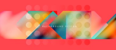 Soyut geometrik şekiller, canlı renkler, modern tasarım. Kırmızı zemin üst üste binen kareler, daireler, üçgenler. Metin arkaplan tasarımı okur.