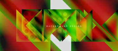 Soyut geometrik bileşim. Canlı renkler harmanlanarak, dinamik görsel efekt yaratır. Şekiller çakışıyor, modern tasarımı oluşturuyor.