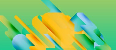 Soyut şekiller örtüşür, parlak sarı, mavi ve yeşil renkler yaratır. Modern tasarım, temiz çizgiler, minimalist estetik. Arkaplan açık yeşil.