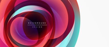 Soyut daireler örtüşüyor, canlı renk eğimleri yaratıyor. Tasarım kırmızı, pembe, mavi ve beyaz alanlara sahiptir. Modern, dinamik kompozisyon.