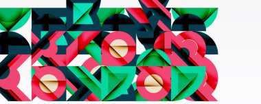 Soyut geometrik şekiller, canlı renkler, modern tasarım. Bileşik özellikler üst üste binerek, dinamik görsel doku oluşturur.